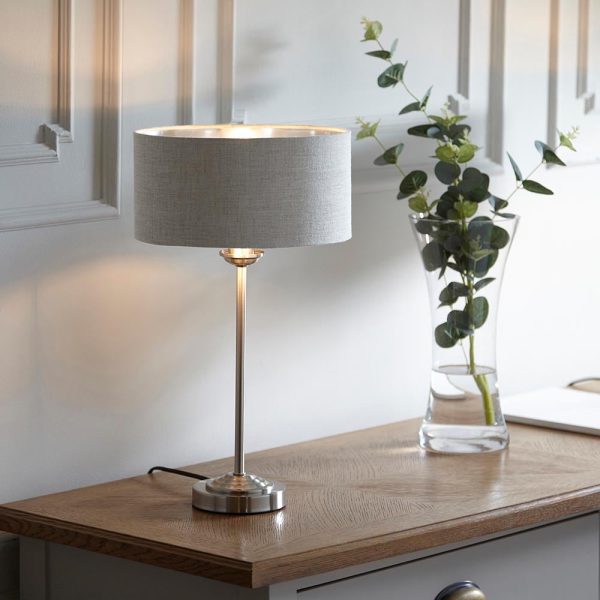 Hixson Natural Fabric Shade Table Lamp In Brushed Chrome | Bed Sava