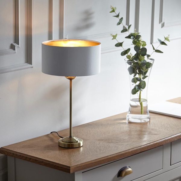 Hixson Vintage White Fabric Shade Table Lamp In Antique Brass | Bed Sava