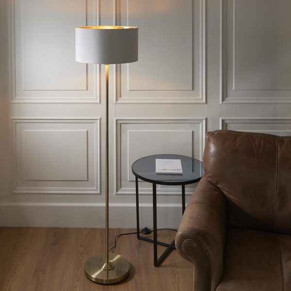 Hixson White Fabric Shade Floor Lamp In Antique Brass | Bed Sava