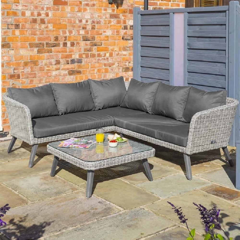 Holbeton Rattan Garden Corner Sofa Set With Coffee Table In Grey