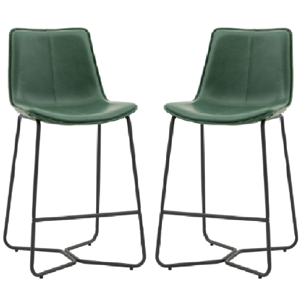 Holland Green Leather Bar Chairs With Metal Frame In Pair