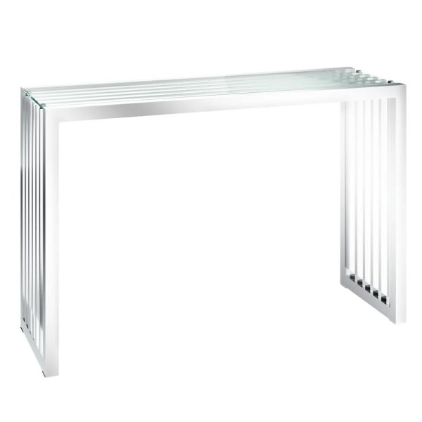 Holmdel Clear Glass Console Table With Chrome Frame | Bed Sava