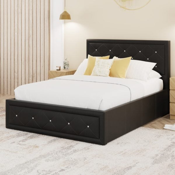Honiton PU Leather Ottoman Storage Double Bed In Black | Bed Sava