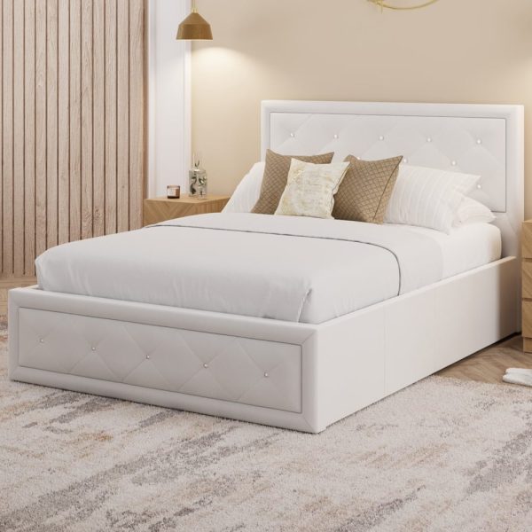 Honiton PU Leather Ottoman Storage King Size Bed In White | Bed Sava