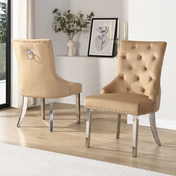 Imperial Champagne Velvet Button Back Dining Chairs In Pair | Bed Sava