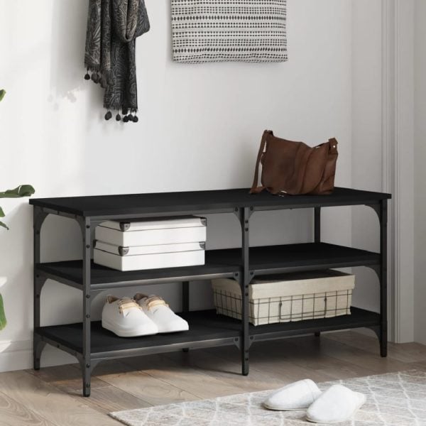 Indio Wooden Large Shoe Bench With 2 Shelves In Black | Bed Sava
