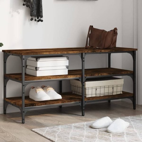 Indio Wooden Large Shoe Bench With 2 Shelves In Smoked Oak | Bed Sava