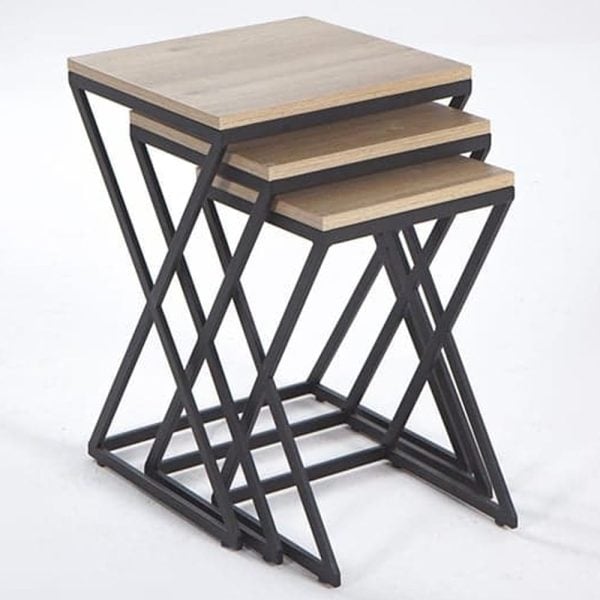 Indio Wooden Nest Of 3 Tables With Black Metal Frame In Oak | Bed Sava
