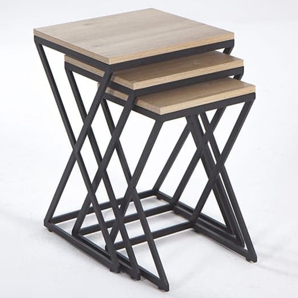 Indio Wooden Nest Of 3 Tables With Black Metal Frame In Oak