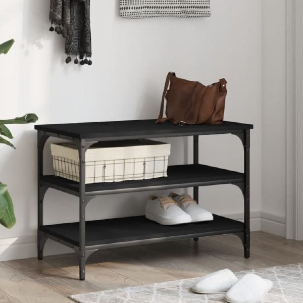 Indio Wooden Small Shoe Bench With 2 Shelves In Black | Bed Sava