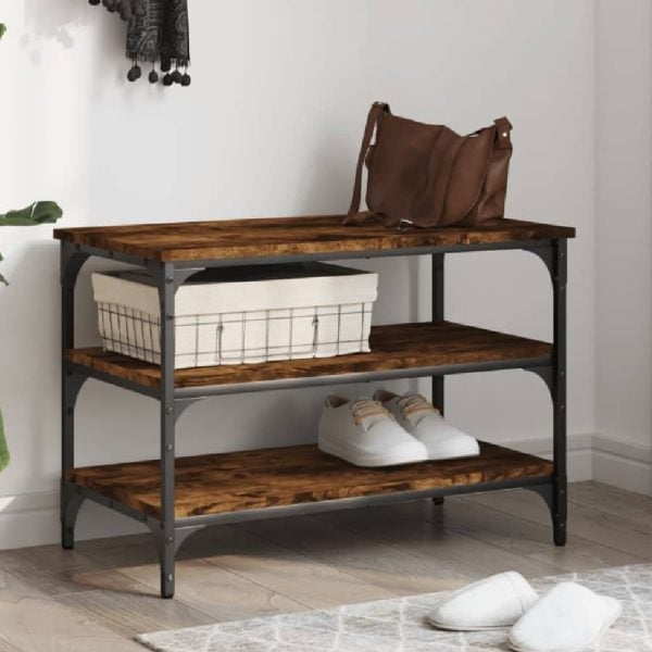 Indio Wooden Small Shoe Bench With 2 Shelves In Smoked Oak | Bed Sava