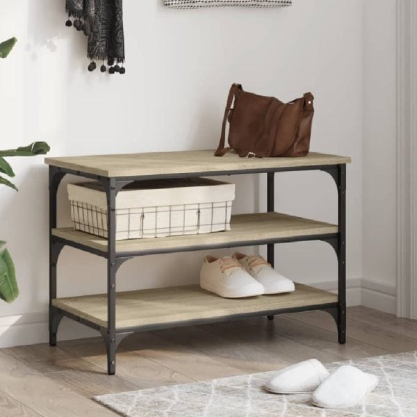 Indio Wooden Small Shoe Bench With 2 Shelves In Sonoma Oak | Bed Sava