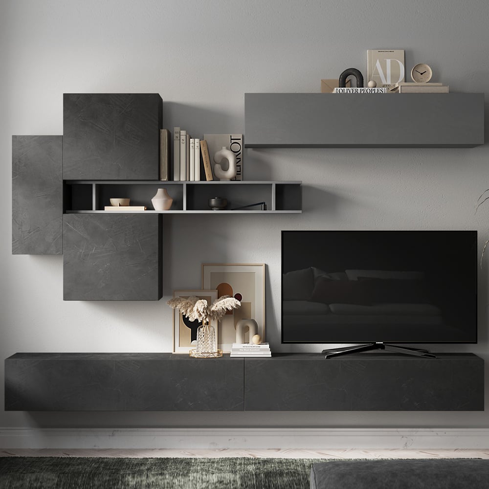 Infinite Wall Hung Wooden Entertainment Unit In Slate And Lead
