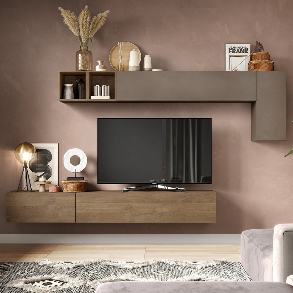 Infinite I Wall Hung Wooden Entertainment Unit In Bronze And Mercure
