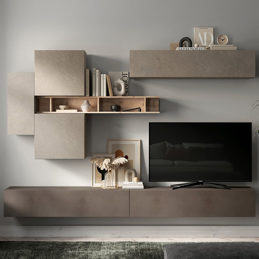 Infinite Wall Hung Wooden Entertainment Unit In Clay Bronze And Cadiz