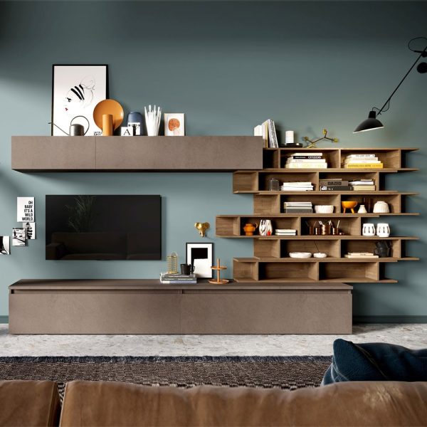 Infinite Wooden Entertainment Unit With Bookcase In Bronze Mercure | Bed Sava