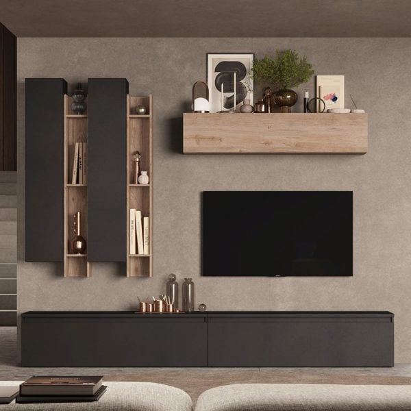 Infinite Wooden Entertainment Unit With Bookcase In Cadiz And Lava | Bed Sava