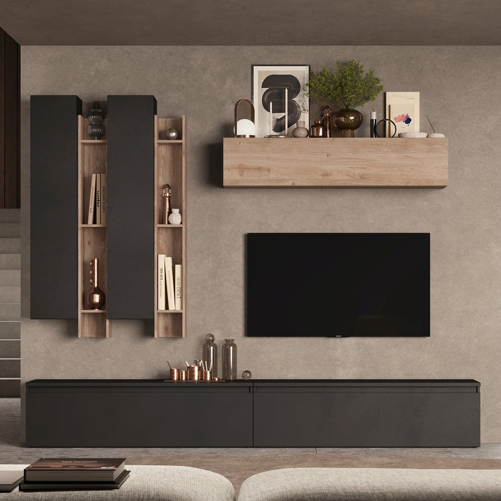 Infinite Wooden Entertainment Unit With Bookcase In Cadiz And Lava