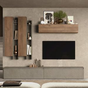 Infinite Wooden Entertainment Unit With Bookcase In Clay And Mercure | Bed Sava
