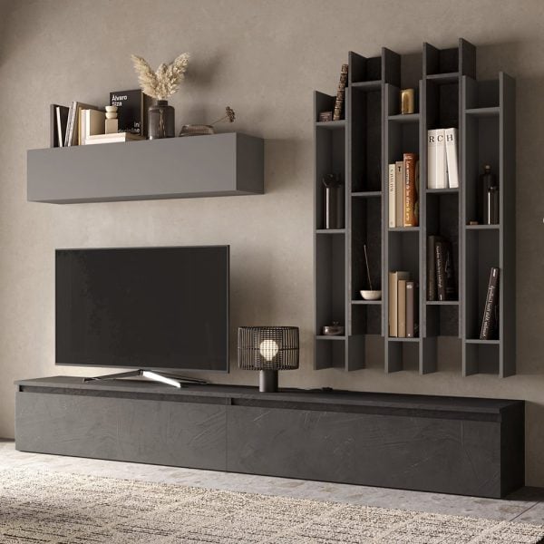 Infinite Wooden Entertainment Unit With Wall Shelf In Slate And Lead | Bed Sava