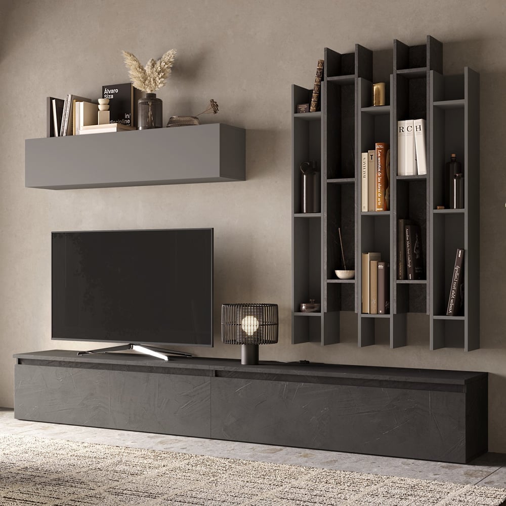 Infinite Wooden Entertainment Unit With Wall Shelf In Slate And Lead
