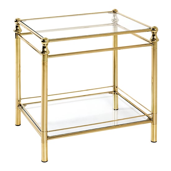 Inman Clear Glass Side Table In Brass | Bed Sava