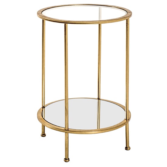 Inman Round Mirrored Glass Side Table In Gold With Undershelf | Bed Sava