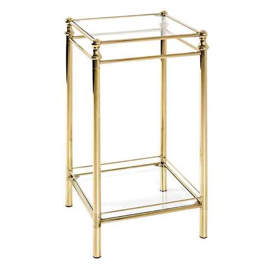 Inman Tall Square Clear Glass Side Table In Brass | Bed Sava