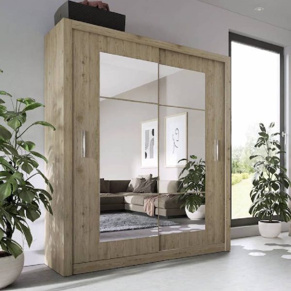 Ionia Mirrored Wardrobe With 2 Sliding Doors In San Remo Oak | Bed Sava