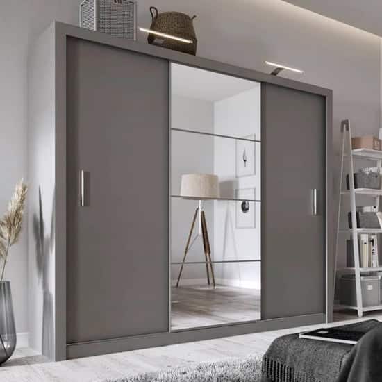 Ionia Wooden Wardrobe With Mirrored Sliding Door In Matt Grey