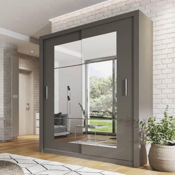 Ionia Wooden Wardrobe 180cm With 2 Sliding Doors In Matt Grey | Bed Sava