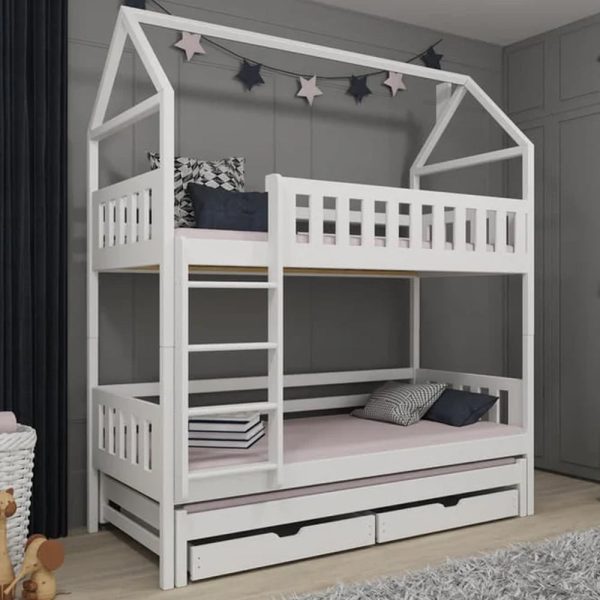 Irmo Wooden Bunk Bed And Trundle With Bonnell Mattress In White | Bed Sava