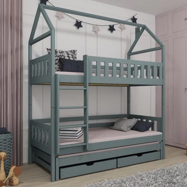 Irmo Wooden Bunk Bed And Trundle With Foam Mattress In Grey | Bed Sava