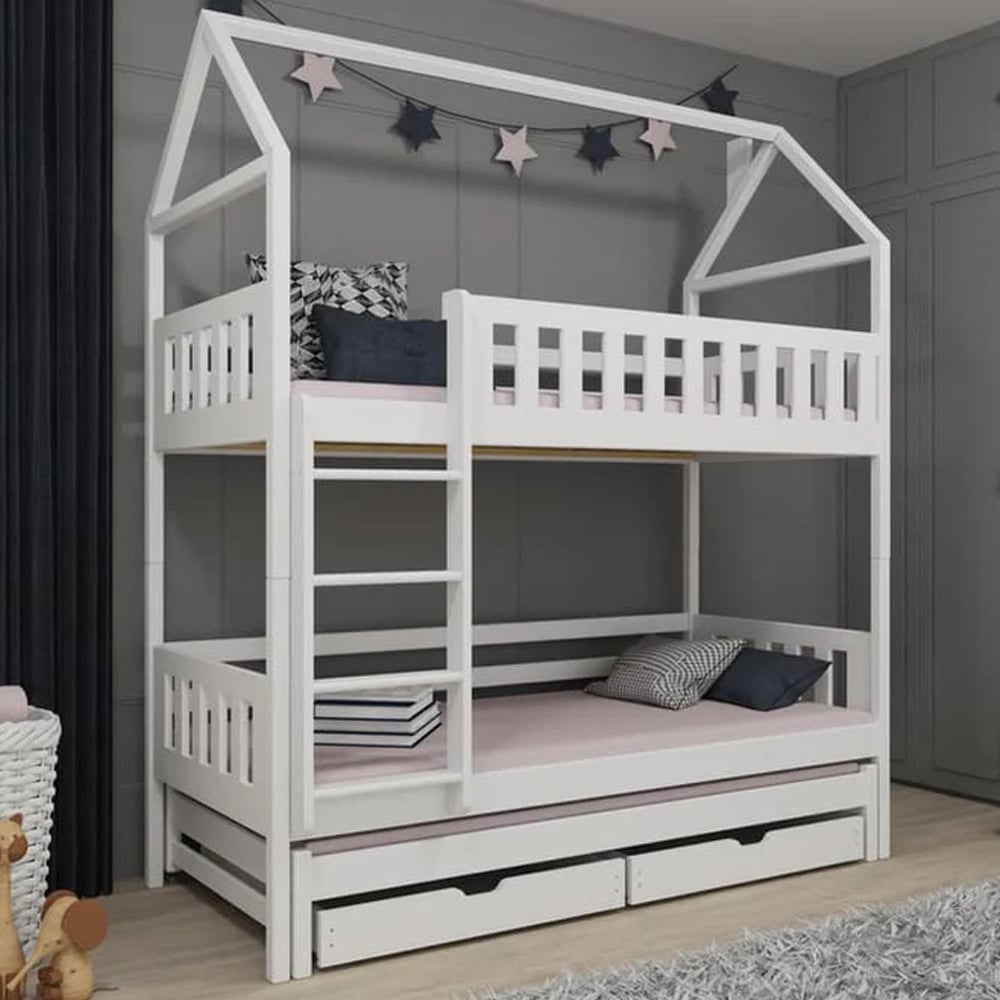 Irmo Wooden Bunk Bed And Trundle With Foam Mattress In White