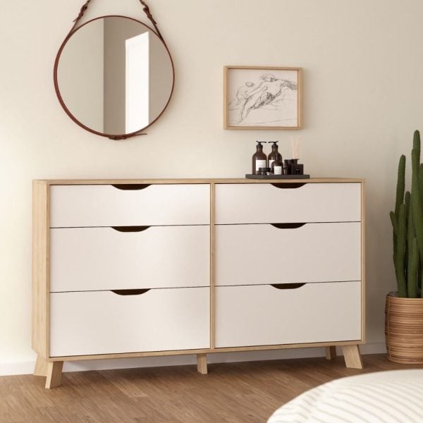 Irvine Wooden Dressing Table With 6 Drawers In Oak And White | Bed Sava