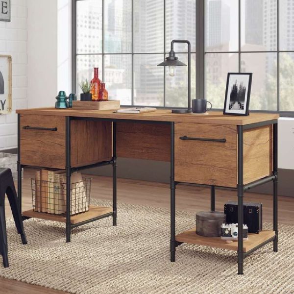 Irvine Wooden Laptop Desk With 2 Drawers In Checked Oak | Bed Sava