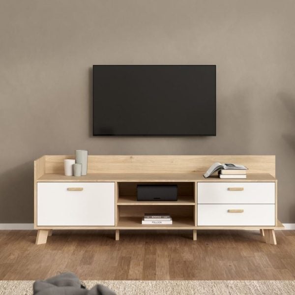 Irvine Wooden TV Stand With 1 Door 2 Drawers In Oak And White | Bed Sava