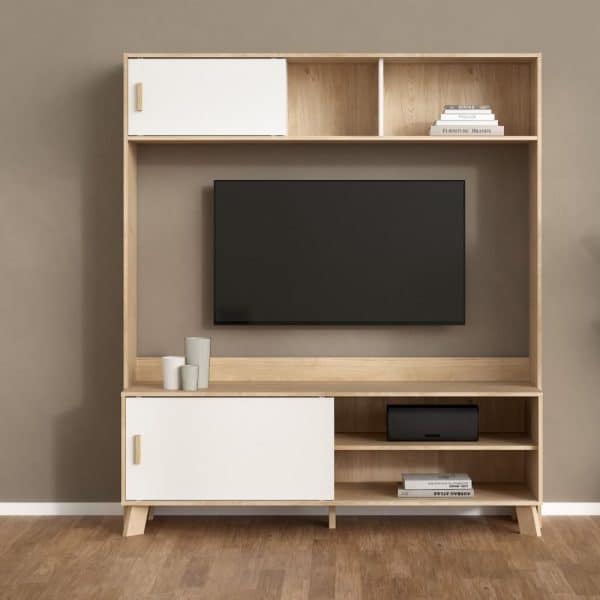 Irvine Wooden TV Stand With 2 Sliding Doors In Oak And White | Bed Sava