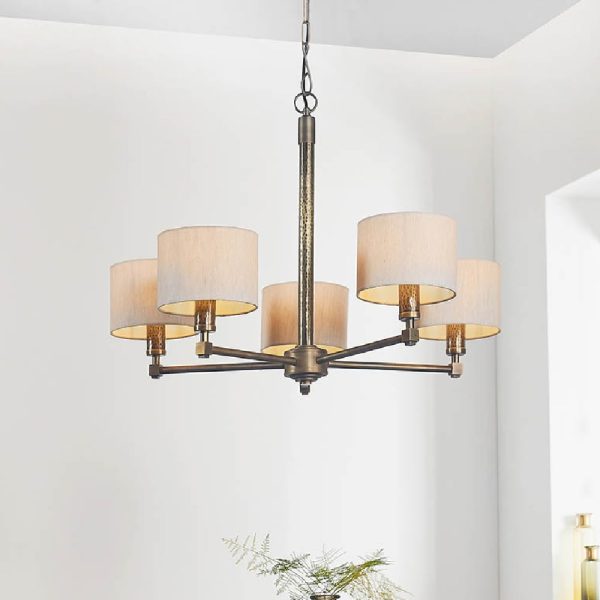 Ithaca 5 Light Natural Fabric Pendant Ceiling Light In Bronze | Bed Sava