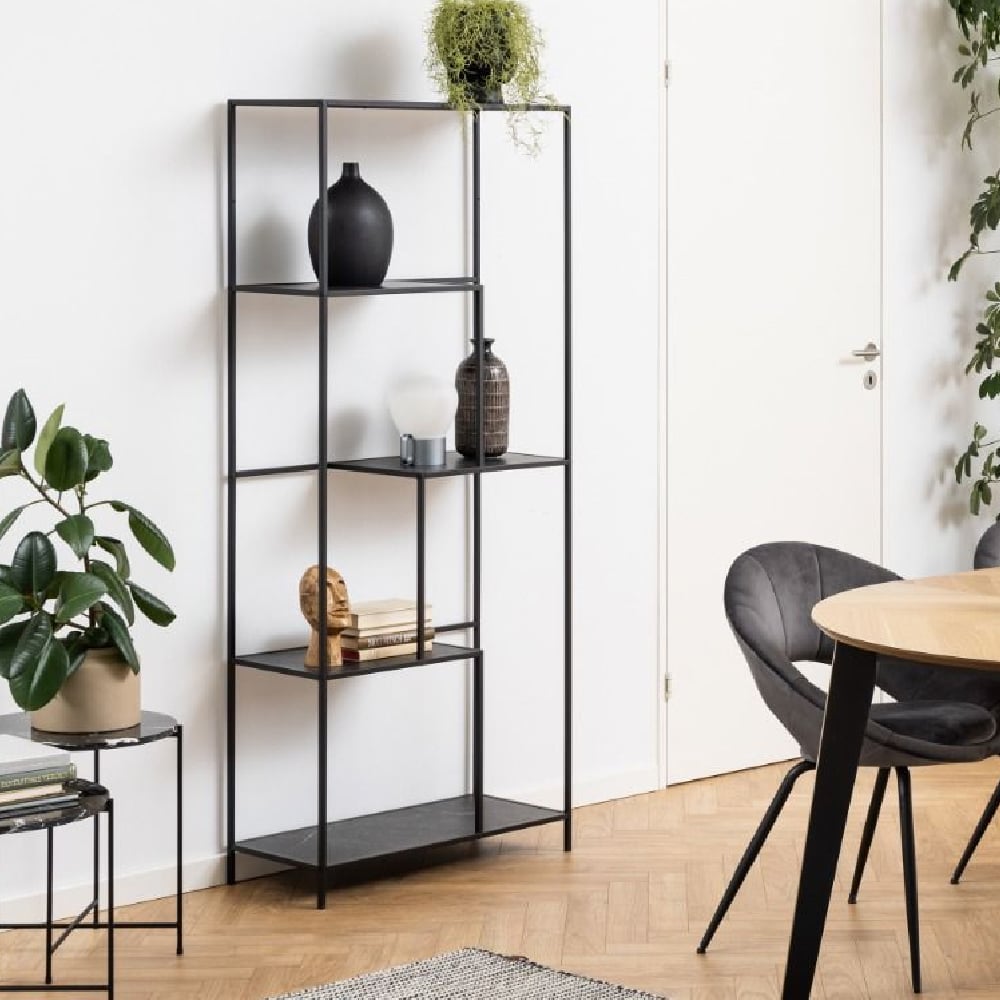 Ithaca Wooden Bookcase With 4 Shelves In Black Marble Effect