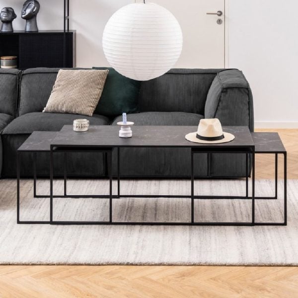 Ithaca Wooden Nesting Coffee Tables In Black Marble Effect | Bed Sava