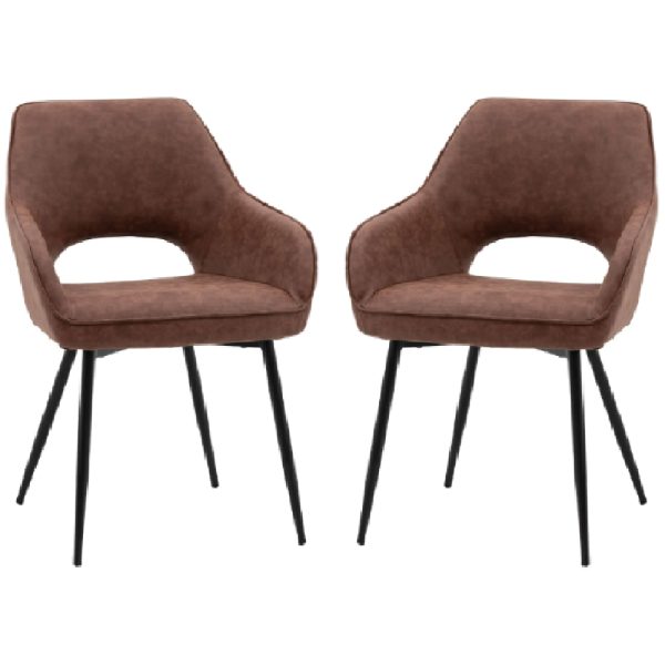 Ivoryton Brown Leather Dining Chairs With Black Legs In Pair | Bed Sava
