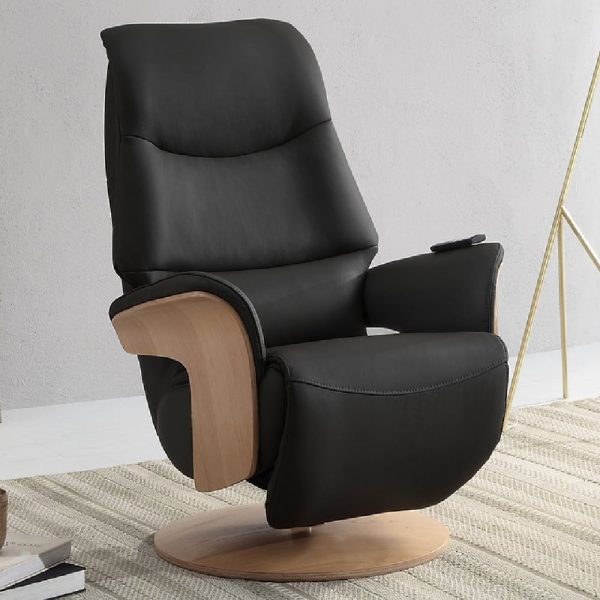 Ivoryton Leather Electric Recliner Chair In Black And Oak | Bed Sava