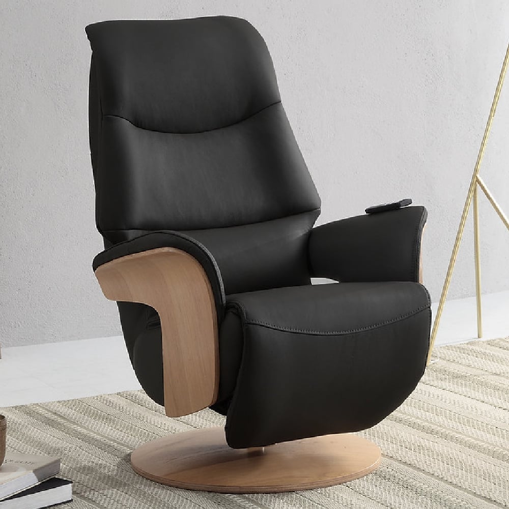 Ivoryton Leather Electric Recliner Chair In Black And Oak