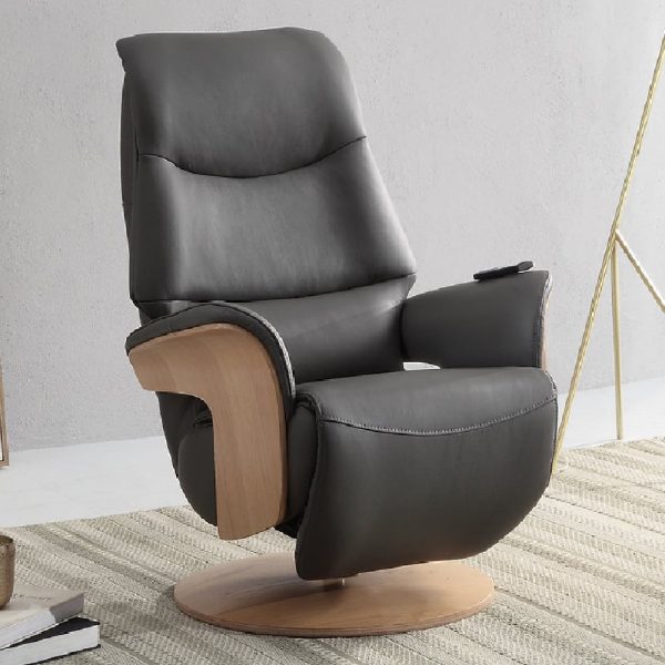 Ivoryton Leather Electric Recliner Chair In Charcoal And Oak | Bed Sava