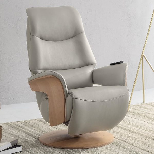 Ivoryton Leather Electric Recliner Chair In Pale Grey And Oak | Bed Sava