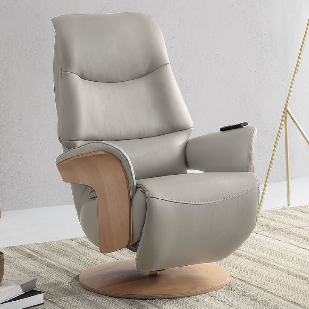 Ivoryton Leather Electric Recliner Chair In Pale Grey And Oak