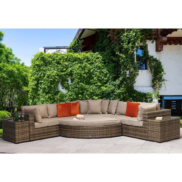 Jeana Rattan Garden Corner Sofa Set With 2 Side Tables In Brown | Bed Sava