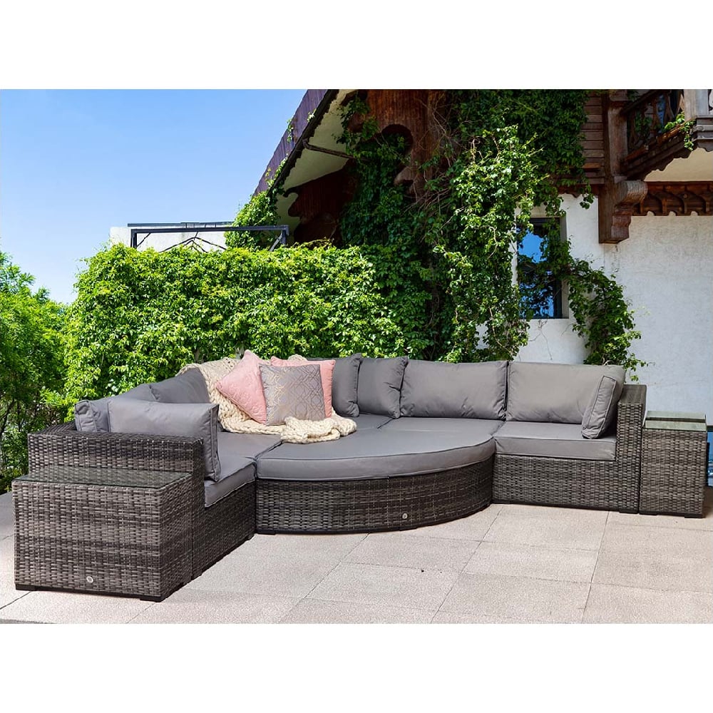 Jeana Rattan Garden Corner Sofa Set With 2 Side Tables In Grey