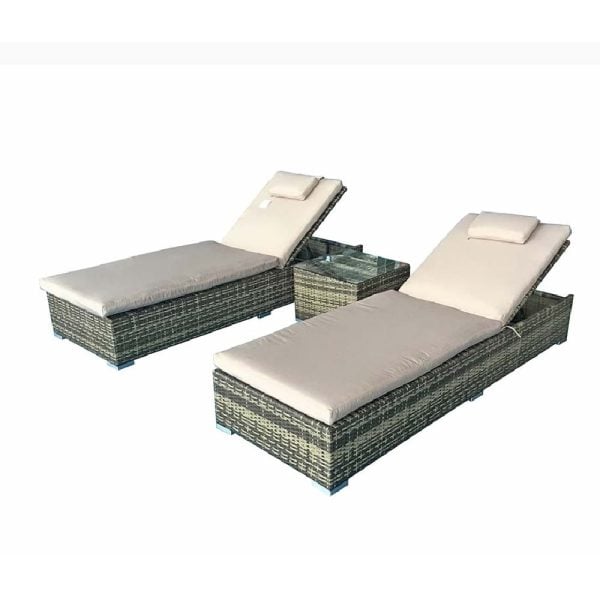 Jeana Rattan Garden Sun Loungers With Drink Table In Brown | Bed Sava